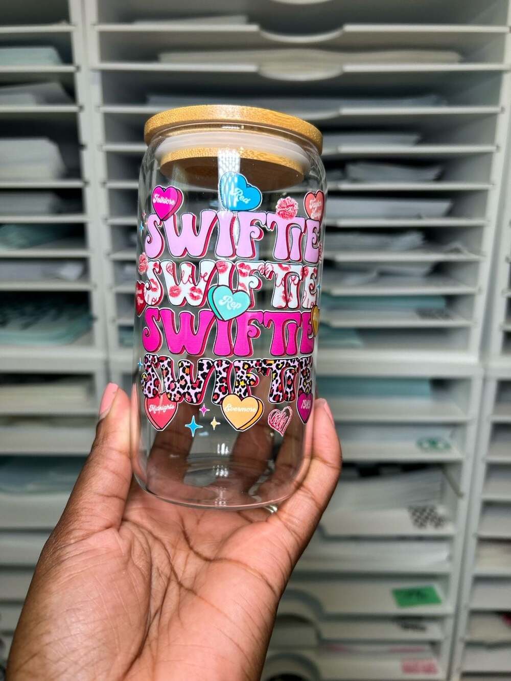 Taylor Swift Glass Can Tumbler 16oz Swiftie Hearts Bamboo Lid